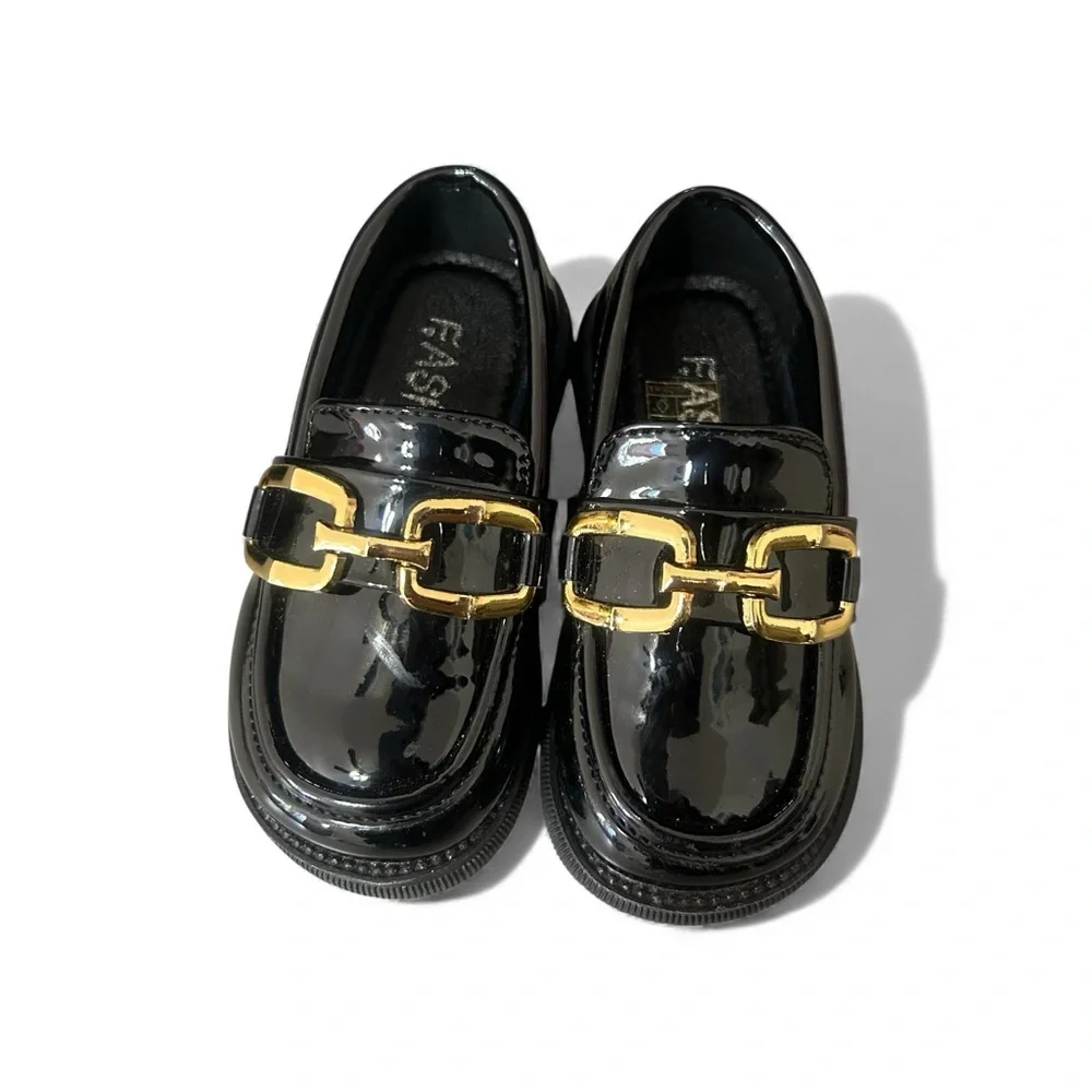 New Oamico Toddler Girls 7 Shiny Black Gold Buckle Slide On Loafer Dress Shoes